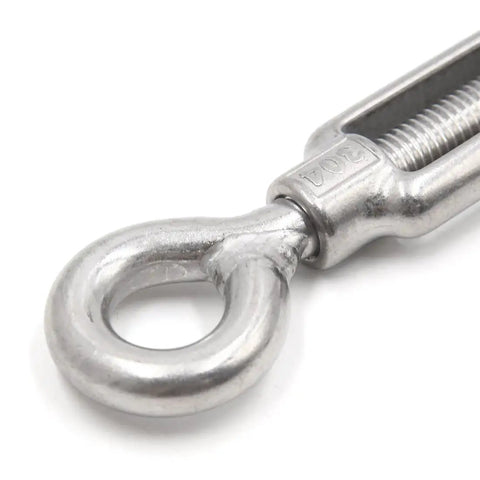 Close-up of Hardcore M12 Hook Eye Turnbuckle crafted from prime 304 stainless steel, featuring an 18mm eye for cable tensioning.