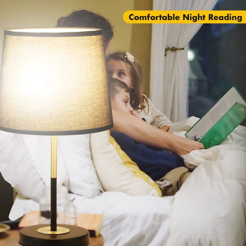 Black And Gold Table Lamp Set Of 2 With Black Fabric Shades Dope Modern Vintage Farmhouse Bedside Lamps E26 Bulbs Included Perfect Nightstand Or Living Room Lighting illuminating a cozy reading scene.