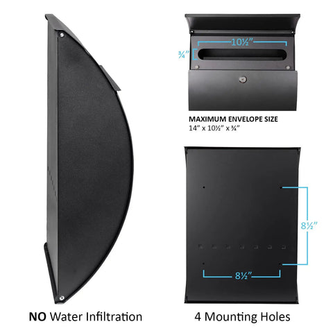 Locking Wall Mount Mailbox For Home, Large 18x13x5, Weatherproof Steel, Secure Lock, Rustproof Letter Box, Modern Black Finish, Rockin Mail Space For Envelopes, Legal Docs, And Small Parcels, Easy Mount