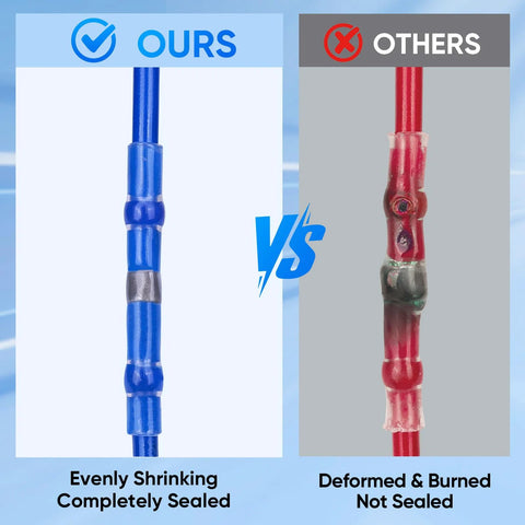 Blue heat-shrink solder-seal butt connector on blue wire; left sealed joint, right deformed red connector.