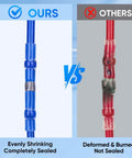 Comparison of 100 Pcs Solder Seal Wire Connectors Kit showing blue connector vs deformed red competitor on gray background.