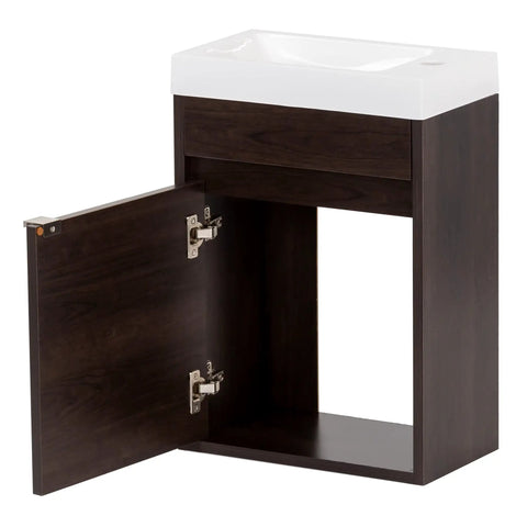 Floating 15.75 In W Small Bathroom Vanity With White Sink Top, 1-Door Cabinet Open, Elm Ember Finish, Modern Powder Room Storage
