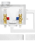 Washing Machine Outlet Box With Center Drain Or Side Drain CPVC Inlet One Half Inch Three Quarter Inch MHT Outlet Copper Water Hammer Arrestor Lead Free Brass High Impact Non Corrosive Construction Raised Drip Guard For Easy Valve Access showing brass valves and connections.