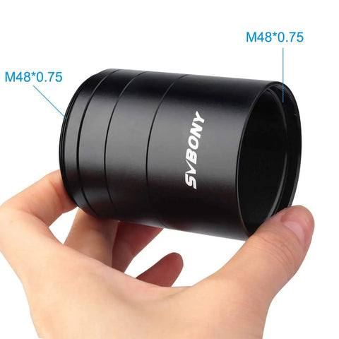 Hand holding Extension Tube Kit For Cameras And Eyepieces With 5mm 10mm 15mm 30mm Spacers M48x0.75 On Both Sides, aluminum.
