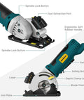 Enventor mini circular saw with laser guide; teal corded 4.8A tool shown in front and side views