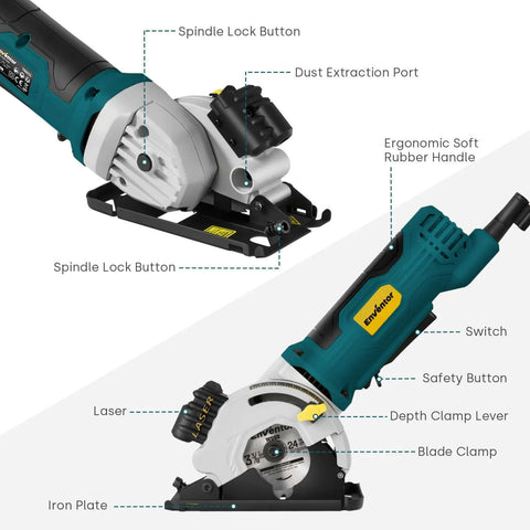Enventor mini circular saw with laser guide; teal corded 4.8A tool shown in front and side views