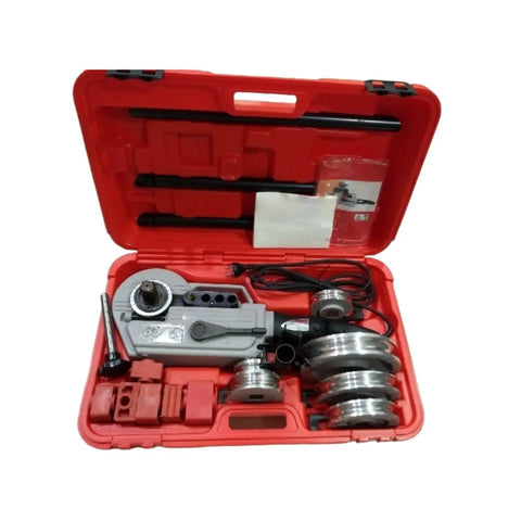 Portable Electric Pipe Bender Heavy Duty Conduit Seamer in red case with tools for copper bending and plumbing tasks.