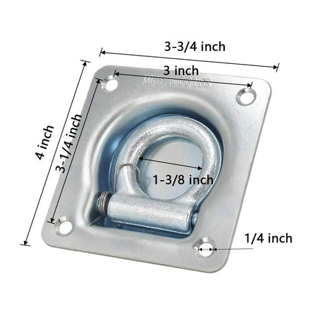 Rock Solid Recessed D Ring Tie Down Anchors Flush Mount Square Cargo Lockdown Kit 4 Pack Heavy Duty Steel Load Holders For Motorcycles No Trip Hazard showing dimensions and design.