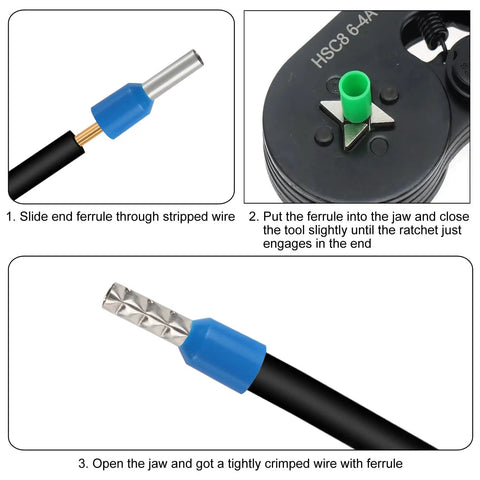 Get Your Hands On This Sweet 200 Piece Ferrule Crimping Tool Kit For All Your Wiring Needs Including AWG 23 To 7 Self Adjusting Wire Pliers And Insulated Connectors Perfect For Serious DIY Grizzlins Who Need Reliable Electrical Gear For Any Job. ferrule crimping steps for insulated wire and ratchet jaw