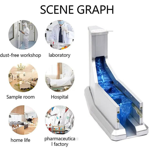 Lazy Shoe Cover Dispenser Steps On Slickly Holds Fifty Waterproof Dust Shields For Cleanrooms Clinics Salons No Power Cord Needed Easy As Pie Walk In Design, showcased in various settings.