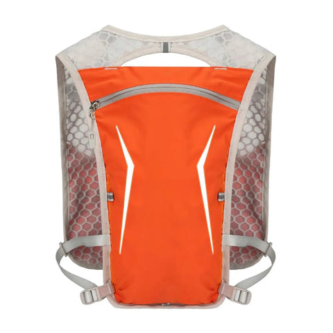 Back view of an orange Lightweight Hydration Backpack for Running and Hiking with Built In Water Reservoir Snug Fit Hydration Vest and Bottle Holder Pouch