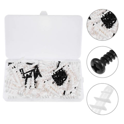 Drywall Anchor Kit With Self-Tapping Screws And Plastic Anchors, Zinc And Plastic Materials, Strong Bond For Lightweight Concrete And Gypsum Walls, 100 Piece Set, Easy To Install And Remove, Great For Shelves And Decor., 100-piece box with black screws and white plastic anchors