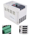Three Phase 380V 2.2KW VFD Inverter With PWM Speed Control Workhorse Industrial Motor Drive With All Round Protection Variable Frequency Drive For 380V Motors Durable Plastic Housing And Easy Speed Regulation. white plastic VFD inverter with control panel and terminal blocks