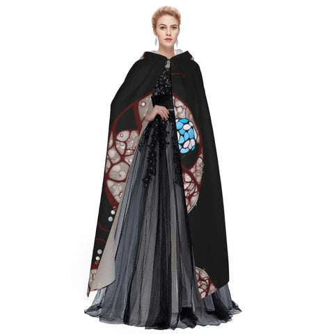 Halloween Adult Hooded Cape With Full Body Transfer Print For Costume Role Play Masquerade Theme Party And Carnival, worn by model