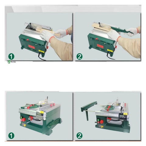 Mini Table Saw For Home Diy Projects Portable Woodworking Power Tool Compact Handheld Push Cutter in use with wood piece.