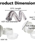 90 Degree Dryer Vent Hose Connector Kit For Tight Spaces With dimensions and components visible, featuring snap to vent.