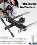 Crankshaft And Camshaft Seal Remover Puller Set With Two Pairs Of Hooks Four Point Six Inch Long And Two Point Eight Seven Inch Short Hooks Easy Fit Pro Grade Crank Seal Tool For Automotive Repair Ideal For Mechanics And DIY Engine Maintenance in use, showing tool removing bearing from engine.