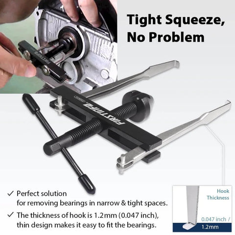 Crankshaft And Camshaft Seal Remover Puller Set With Two Pairs Of Hooks Four Point Six Inch Long And Two Point Eight Seven Inch Short Hooks Easy Fit Pro Grade Crank Seal Tool For Automotive Repair Ideal For Mechanics And DIY Engine Maintenance in use, showing tool removing bearing from engine.