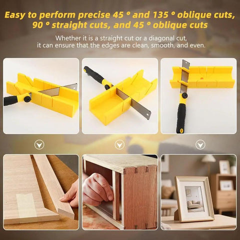 4 In 1 Miter Box And Saw Set With A 12 Inch Box And 3 Interchangeable Blades Japanese Pull Saw For Wood Drywall And Soft Metal Cutting Ideal For DIY And Home Projects Pro Grade showing use in cutting wood and installation scenarios.
