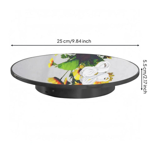 Heavy Duty Electric Rotating Display Stand For Product Photography And Ecommerce Selling With Smooth 360 Spin And Mirror Black Finish, 25 cm diameter.