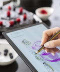 Plug And Play Digital Stylus Pen With Snug Hex Grip For Silky Smooth Writing On All Touchscreens Zero Hassle Charging Battery Free EMR Tech in use sketching on tablet.