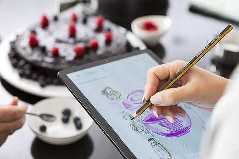 Plug And Play Digital Stylus Pen With Snug Hex Grip For Silky Smooth Writing On All Touchscreens Zero Hassle Charging Battery Free EMR Tech in use sketching on tablet.