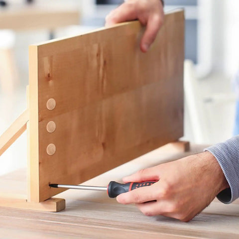 Installing wooden furniture hole plugs for table and chair legs, round hardwood screw hole covers with snap fit easy install