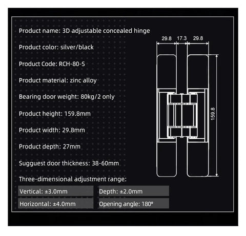 Two Pack 80Kg Three Way Adjustable Concealed Door Hinge For Wood Doors specifications and diagram, zinc alloy material, 80kg capacity