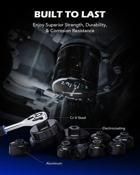 Premium Oil Filter Wrench Set Featuring 3 8 Inch Drive Low Profile Sockets For Dead Simple Car Repair And Slick Grease Monkey Approved Weekend Mech Projects, showing Cr-V steel and aluminum sockets.