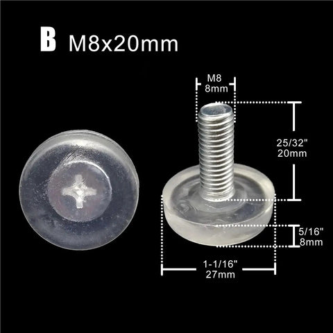 Hella Smooth Chair Leg Floor Savers 72 Piece Set Black And Clear Adjustable Glides M8x20mm with clear plastic base and metal screw.