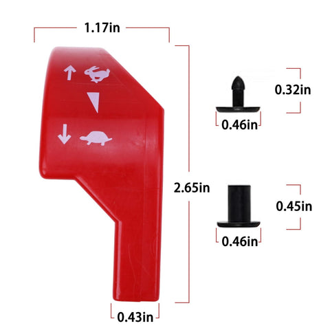 Red throttle knob and hardware with dimensions, part of Beefed Up Throttle Control Knob and Hardware Kit for John Deere 415 425 445 455 Tractors