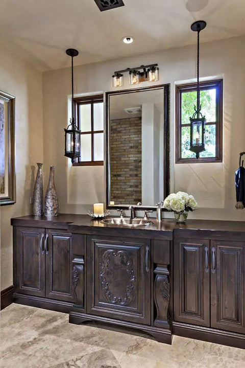 Oil Rubbed Bronze 3 Light Bathroom Vanity Light Fixture With Clear Glass Shades in modern powder room.