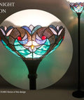 Tiffany Style Floor Lamp Green Liaison Stained Glass Light With 12 Inch Shade And 71 Inch Tall Torchiere Pole Lit Up At Night
