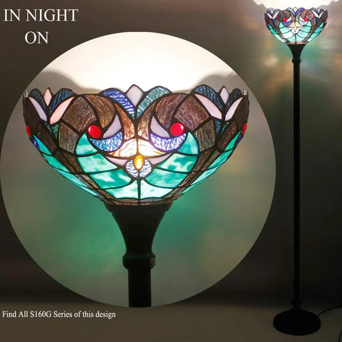Tiffany Style Floor Lamp Green Liaison Stained Glass Light With 12 Inch Shade And 71 Inch Tall Torchiere Pole Lit Up At Night