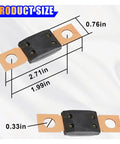 Hardcore 150 Amp 32 Volt MEGA Bolt Down Fuse dimensions showing 2.71in x 0.76in, heavy duty pure copper for trucks boats RVs.