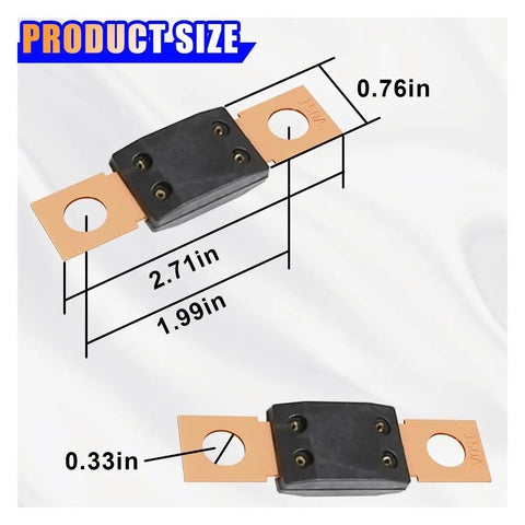 Hardcore 150 Amp 32 Volt MEGA Bolt Down Fuse dimensions showing 2.71in x 0.76in, heavy duty pure copper for trucks boats RVs.