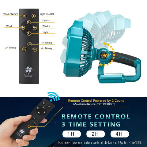 18V Battery Powered Portable Fan With Remote And LED Light, USB A Phone Charging, shown with remote control features