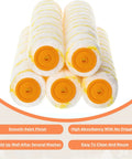 Top Tier 48 Pieces 18 Inches Paint Roller Covers Crafted With Plush Microfiber For A No Sweat Home Wall Project Heavy Duty Fast Drying Yellow 3 8 Nap Roll Cover Kit stacked in a row.