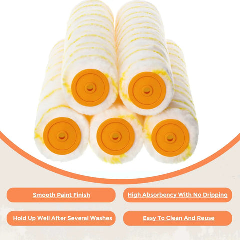 Top Tier 48 Pieces 18 Inches Paint Roller Covers Crafted With Plush Microfiber For A No Sweat Home Wall Project Heavy Duty Fast Drying Yellow 3 8 Nap Roll Cover Kit stacked in a row.
