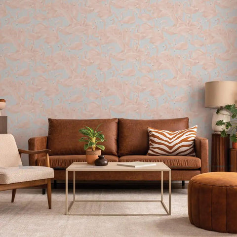 Living room with Cheeky Pink Flamingo Peel And Stick Wallpaper Two Pack 20.5 Inch By 16.5 Foot Removable Self Adhesive No Mess on wall