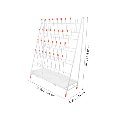 Built Tough White Metal Laboratory Bottle Drying Rack With Thirty Two Pegs For Test Tubes And Glassware, dimensions 18.47x13.76 inches.