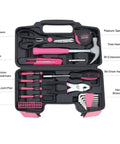 39 Piece Household Tools Kit With Plastic Toolbox For Easy Home Repairs And Quick DIY Projects, Pro Grade Quality And Great For College Students, First Apartments, And Everyday Maintenance At Home. Organized tools in pink and black case.