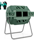Outdoor 42 Gallon Dual Chamber Compost Tumbling Bin With 360 Degree Rotating Barrel Heavy Duty Metal Frame BPA Free Two Sliding Doors