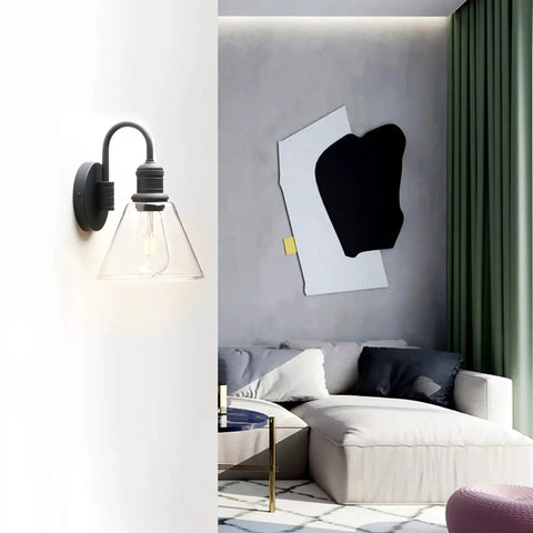 Retro Industrial Wall Sconce Light With Clear Glass Funnel Shade And Gooseneck Curve In Black Finish for living room