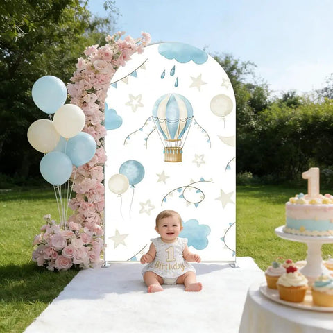 Spandex Arch Backdrop Cover For Baby Birthday And Baby Shower Blue Hot Air Balloon Theme Wrinkle-Resistant Stretch Polyester Backdrop Easy Setup For Photos 7.2 By 4 Feet with baby and balloons