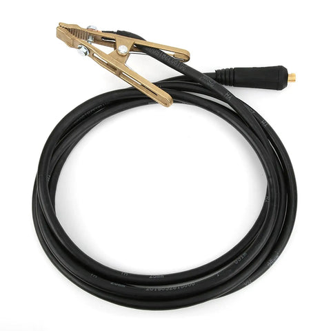 Heavy Duty 260A Die Cast Brass Ground Clamp With Thick 3 Meter Cable For MIG Arc Welding On Shipyard Steel And Oil Rigs Without Overheating, black cable and brass clamp viewed from above.