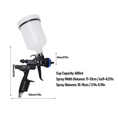 Pro Grade HVLP Paint Spray Gun With 600ML Cup And 1.3MM Nozzle, showing measurements and features of the tool.