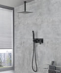Shower System, 10-Inch Ceiling Rain Head with Handheld Spray, Matte Black mounted on a modern bathroom wall.