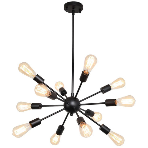 Sputnik 12-Light Black Chandelier for Living Room and Dining Area, Modern Farmhouse Pendant Lighting With Mid Century Industrial Vibe