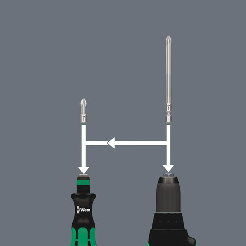 Illustration showing assembly of Compact Bit Holding Screwdriver Kit With Rapidaptor Quick Change 3 Point 5 Inch Bits 33 Piece Set.